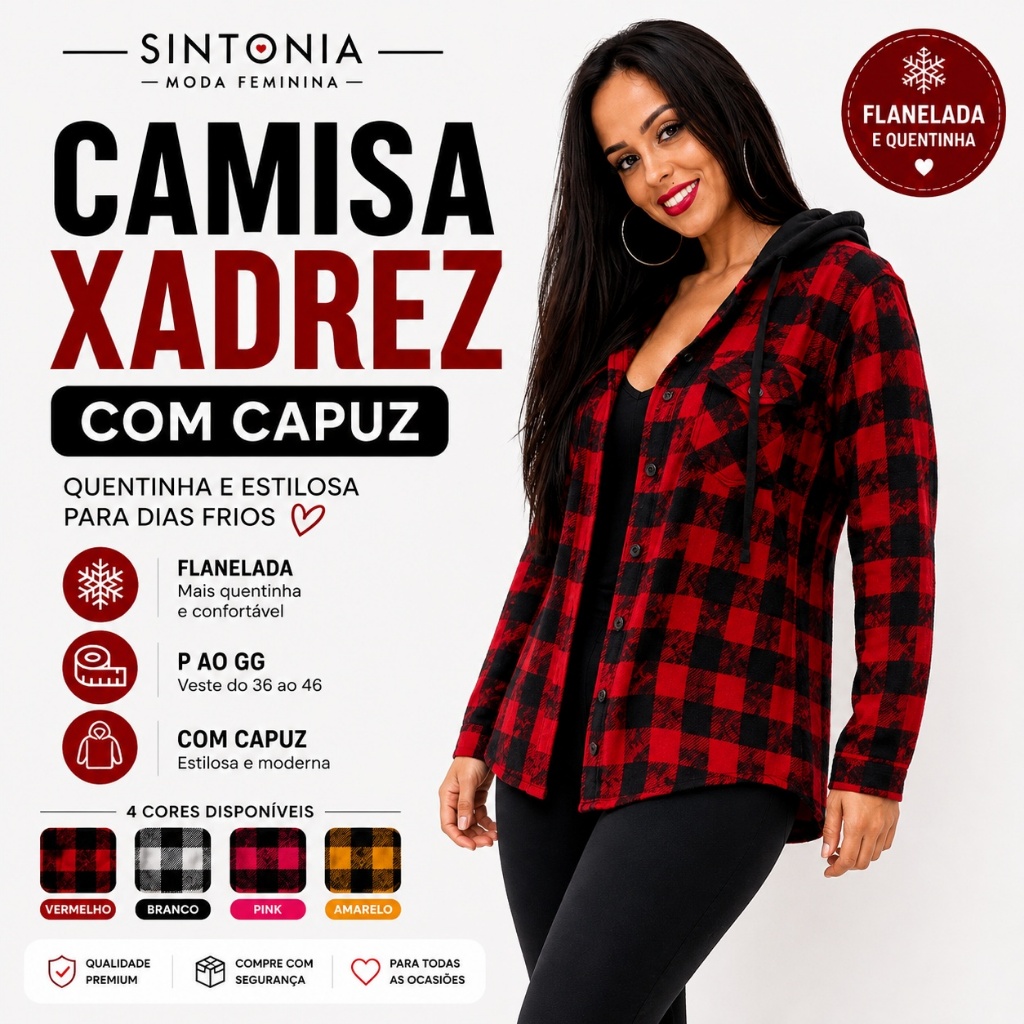 Camisa Flanelada Xadrez Feminina com Capuz Quentinha para Inverno Casual