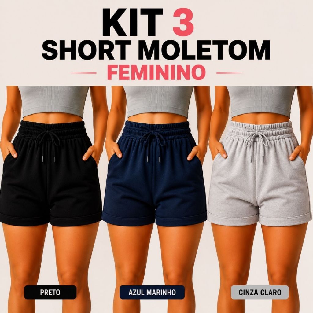 KIT 3 Short  Moletom feminino  Moletinho Shortinho Confortável Soltinho Algodão com bolso