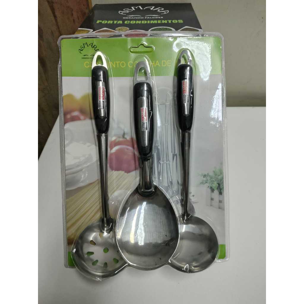 Kit Utensílios Cozinha Inox 3 Peças Concha Escumadeira Colher