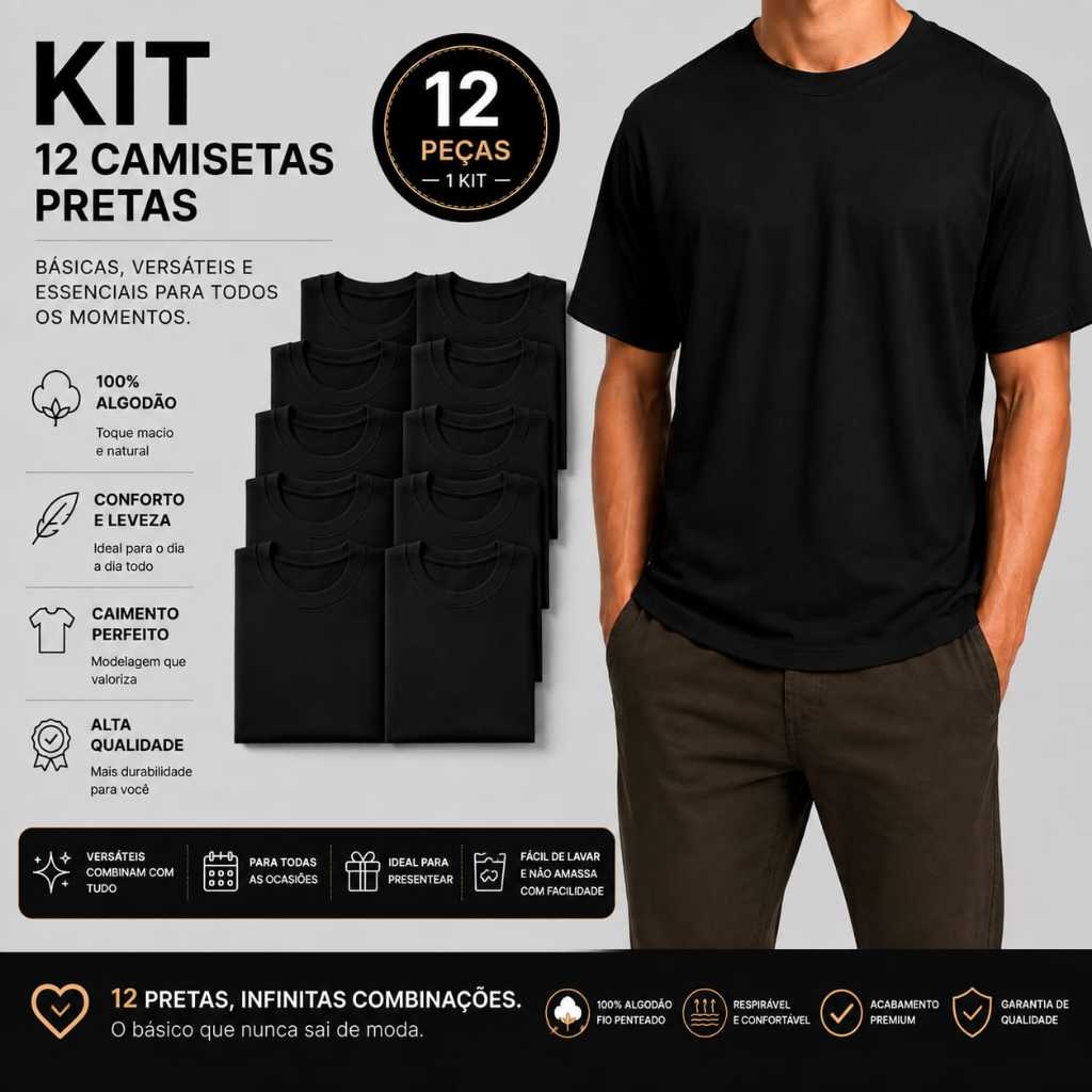 KIT 12 Camisetas Masculina Preta Básica Casual Para Dia A Dia Trabalho Academia Caminhada 100% Algodão Leve Macia