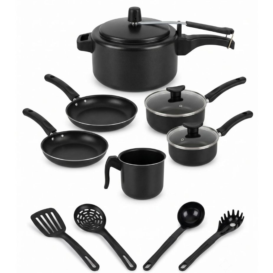 Kit de Panelas com 10 Peças - Antiaderente - Preto ou Cereja