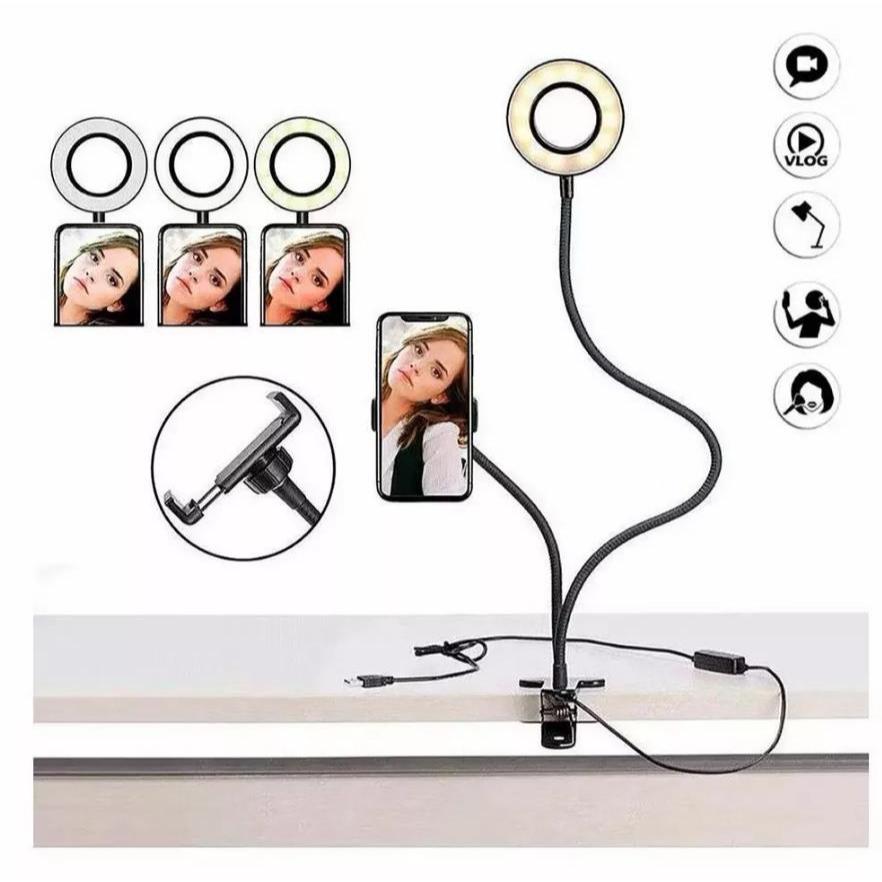 2 in 1 LED Ring Light + Flexible Cell Phone Holder Clip Table USB Lighting for Live Video