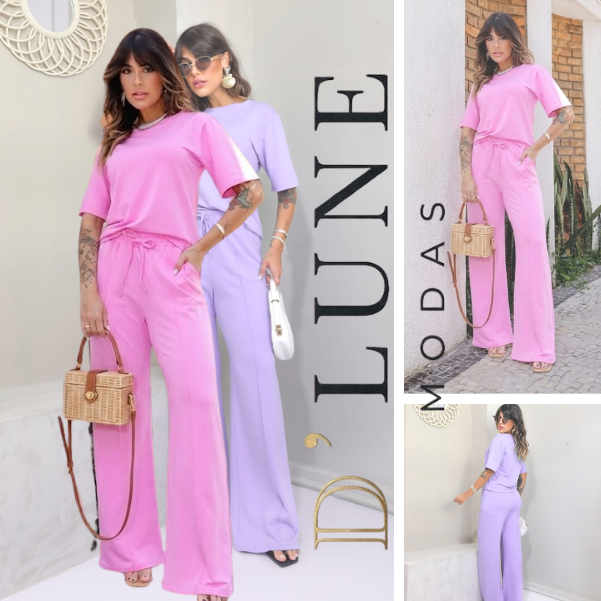 Conjunto Feminino Moletinho Blusa Oversized com Calça Pantalona com Bolsos Laterais