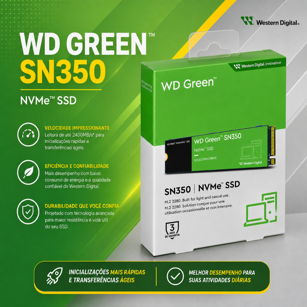 SSD WD Green SN350 NVMe M.2 500GB - 1TB - 2TB – Mais velocidade para o seu compu