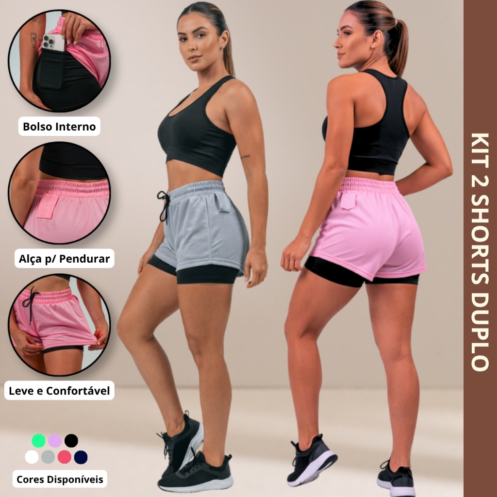 Kit 2 Short Feminino Fitness Duplo Confortável Dry Fit Compressão Poliéster Academia Corrida Promoção 10.10