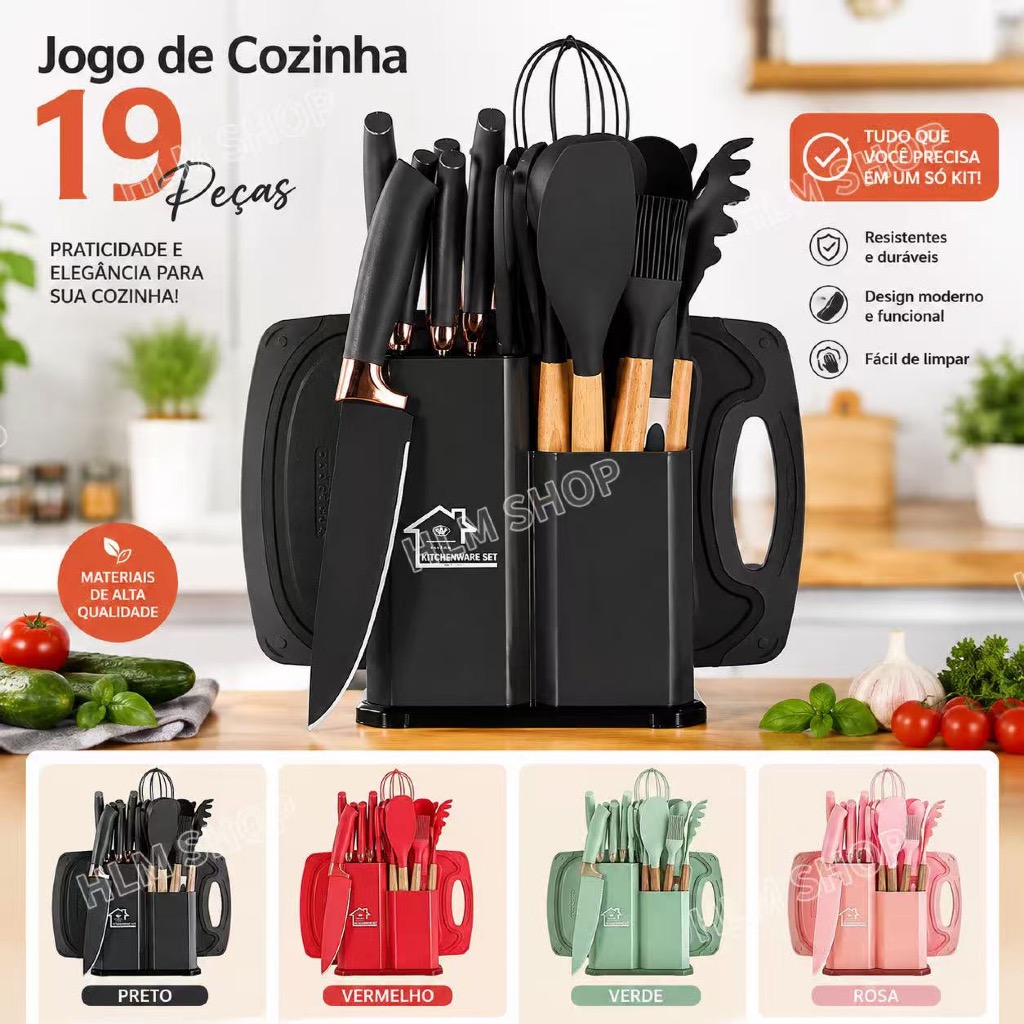 Kit 12/19 Peças Jogo de cozinha Utensílios de Silicone Antiaderente Cabo de madeira Porta utensílios
