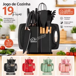 Kit 12/19 Peças Jogo de cozinha Utensílios de Silicone Antiaderente Cabo de madeira Porta utensílios