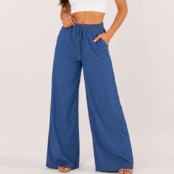 Calça Pantalona Feminina Efeito Jeans Cintura Alta Soltinha