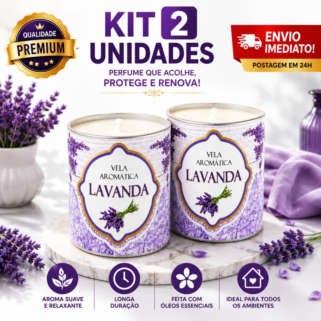Kit 2 Velas Aromáticas Lavanda 130g Perfumadas Até 72h Decorativas