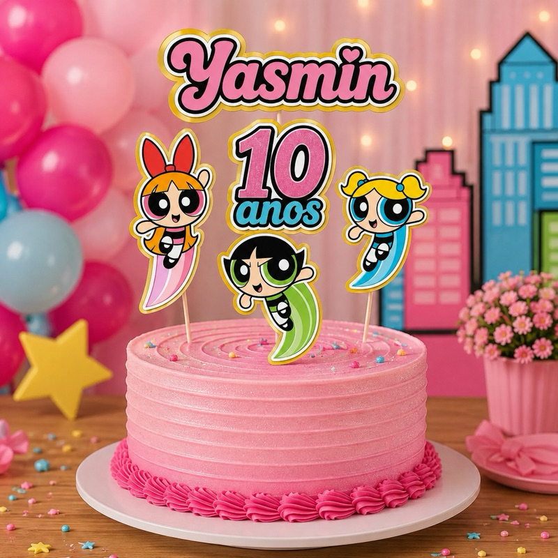 Topo de bolo Meninas Super Poderosas Personalizado Nome e Idade 3D Mesversário aniversário Bebê Menina infantil