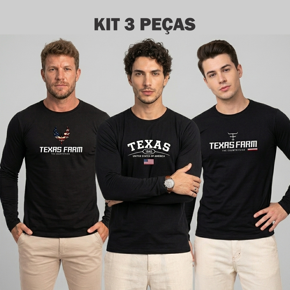 kit 3 Camiseta Texas Farm Masculina Manga Camisa Longa Country Blusa Proteção Solar UV Rodeio