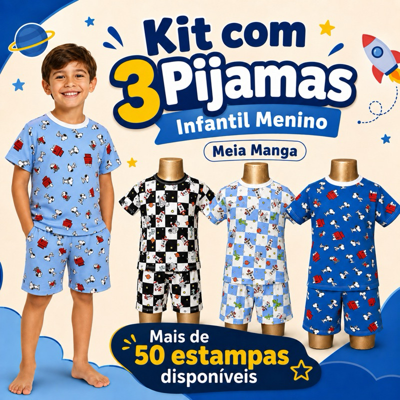 Kit 3 Pijamas Bebê Infantil Criança Menino Manga Curta Verão Calor Roupa de Dormir 6 Peças Estampas Sortidas – P ao 14
