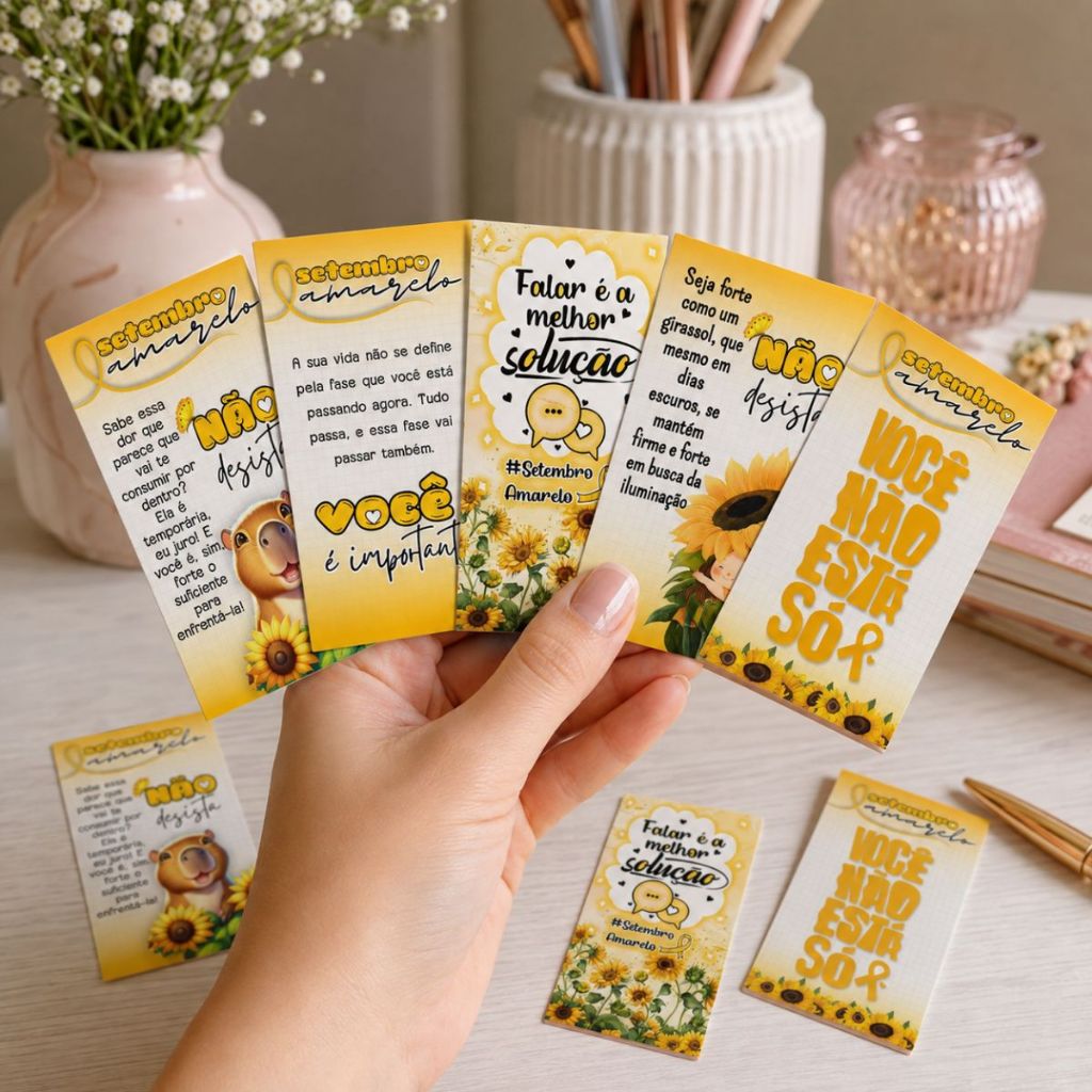 50 ou 100 Cartões Mensagens Motivacionais Setembro Amarelo 9x5 cm - Pronta Entrega - Envio Rápido