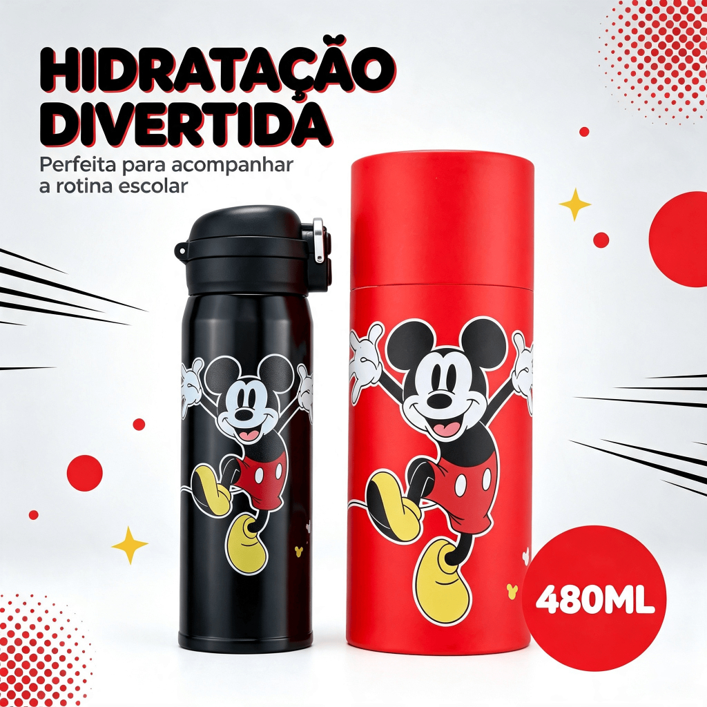 Garrafa de Água Térmica Squeeze Mickey Mouse 480ml Resistente Escola Passeio Dis