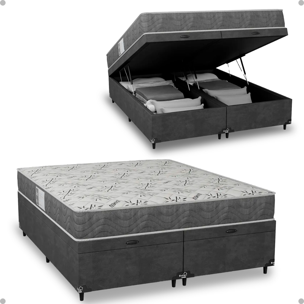 Baú Queen Bipartido + Colchão D33 One Face - Suede Cinza - e-Shop Casa