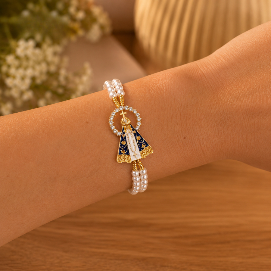 Pulseira Terço Nossa Senhora Aparecida Madeira Hematita Pérola Branco Alta Qualidade Premium