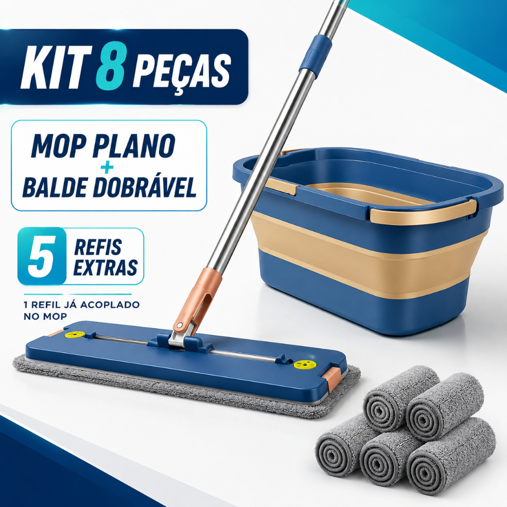 Kit 8 Esfregão e Balde Dobrável de Microfibra com Raspador de Desaguamento - Limpeza Rápida e Sem Esforço