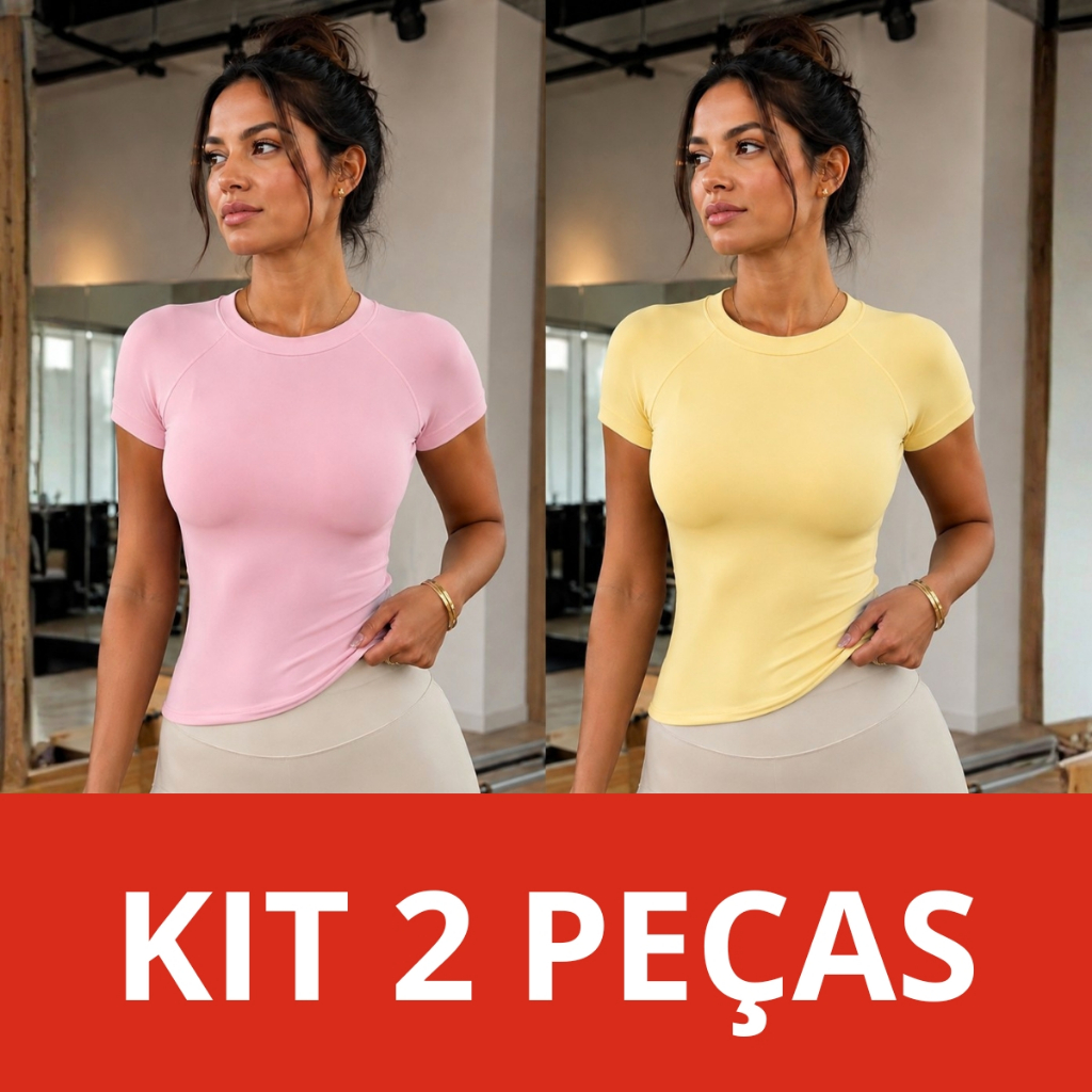 Kit 2 Blusas Manga Curta Baby Tee Fit Modeladora Compressão Slim Básica Moda Fitness