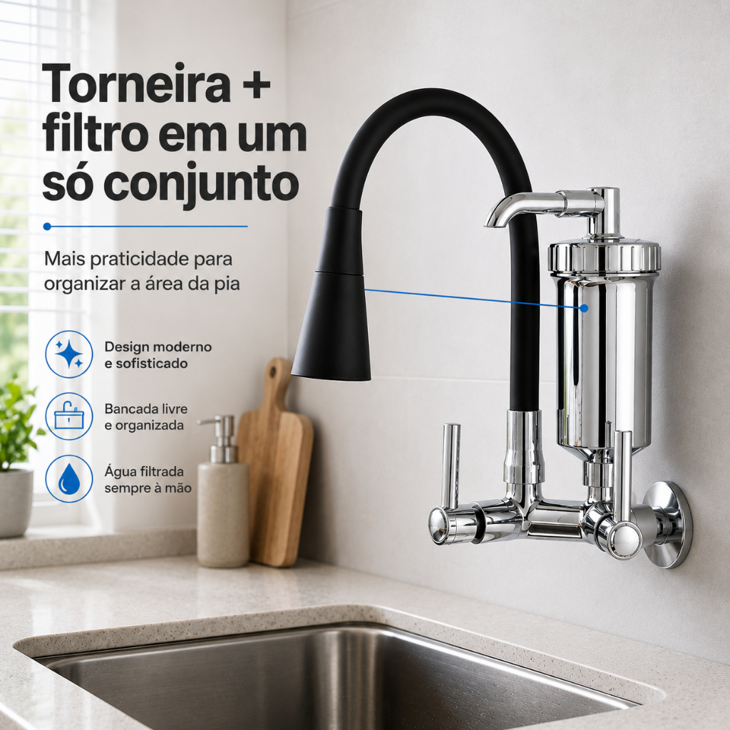Torneira Com Filtro de Parede Cozinha Flexível 360° 2 Jatos Cromada Preto Dupla Saída