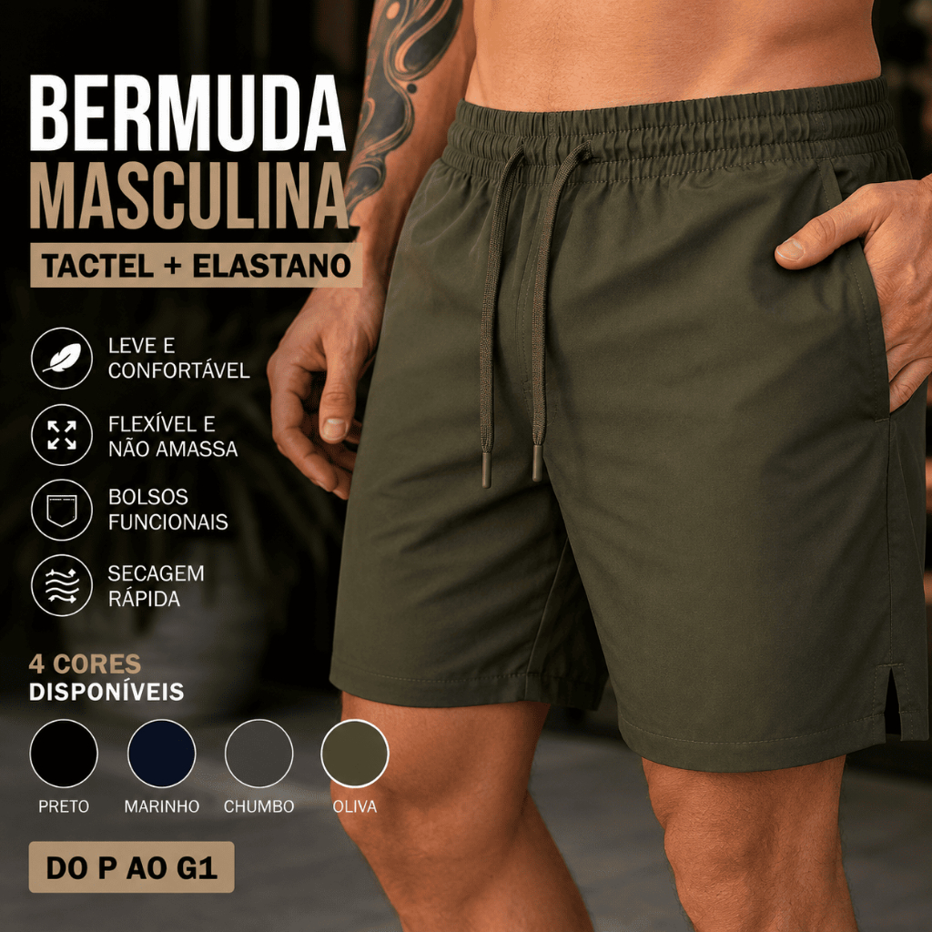 Short Masculino Tactel Elastano Casual Praia Passeio Dia a Dia Bermuda Confortável