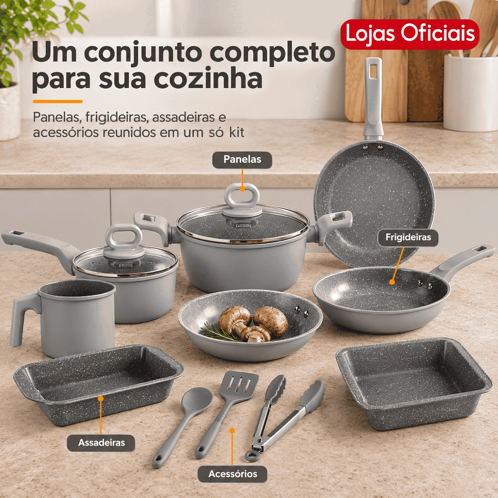 Jogo de Panela Indução/Chamas Antiaderente Cerâmica 10 Peças Black+Decker Ceramic Line Grey Premium