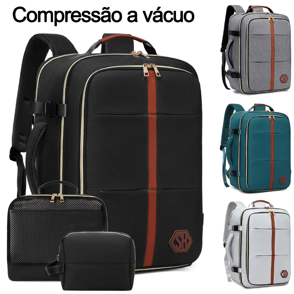 Mochila Viagem 40L com Compressão a Vácuo e Bomba Manual Impermeável Antifurto para Notebook 15,6", Aprovada para Bordo
