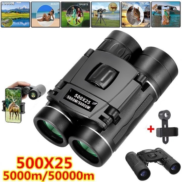 Imagem Binóculo Compacto 500X25 Lente BAK4 FMC Visão 5000m Portátil para Esporte Show Observação Fauna com Suporte de Celular