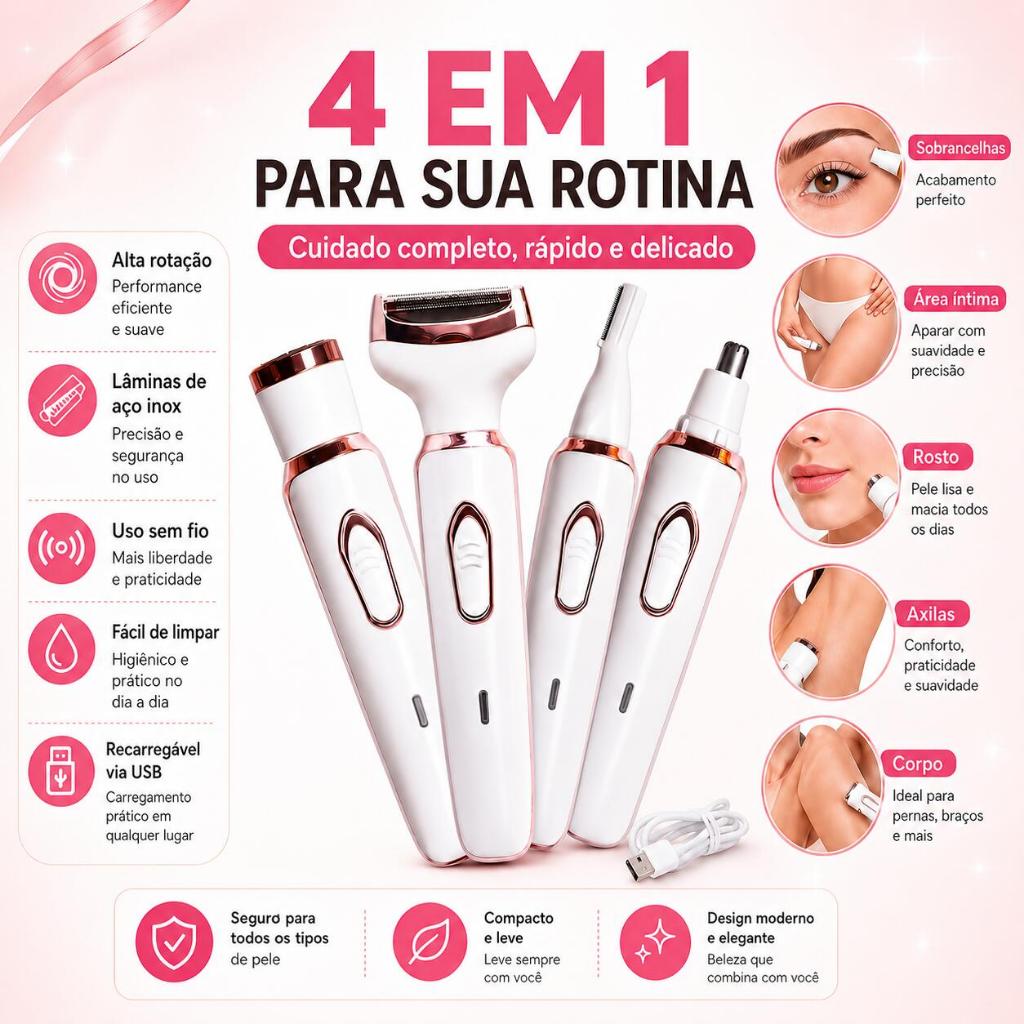 Depilador Elétrico Feminino 4 em1 Multifuncional USB Recarregável Removedor Pelos Facial Corpo Axila Virilha Sobrancelha