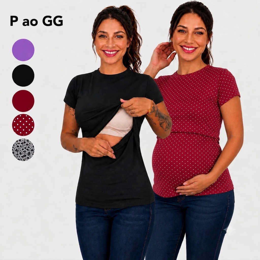 Blusa amamentação manga curta Malha macia com abertura discreta