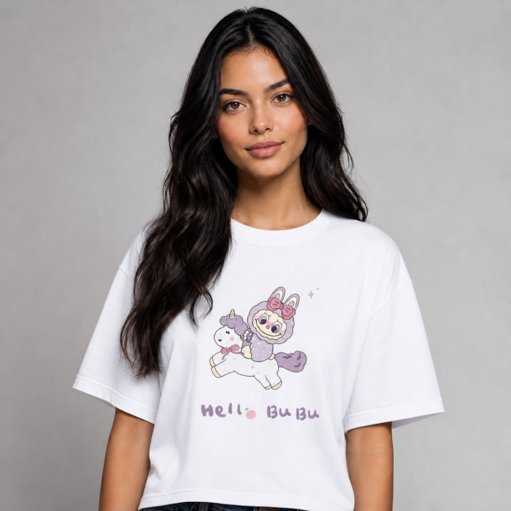 Camiseta Unissex de Algodão, Corte Ombro Caído Estampa Fofa Personagem de Unicórnio