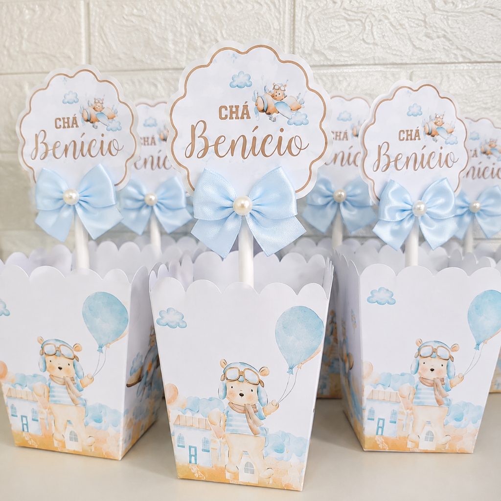 10 Centro de mesa cachepot personalizado aniversário chá de bebê tema o tempo voa ursinho aviador