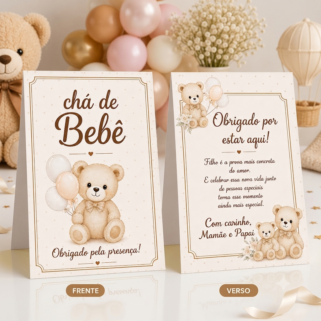 Plaquinha de Mesa Personalizada Chá de Bebê Ursinho neutro -Decoração Centro de Mesa Festa Infantil Chá Revelação