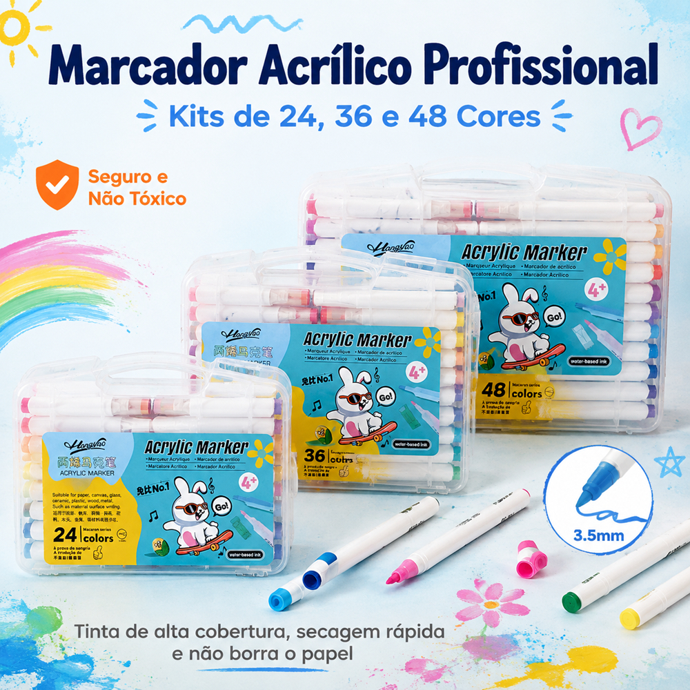 Kit 24/36/48/60 Caneta Marcadora Acrílica a Prova Dagua Para Desenho Arte Escola Crianças