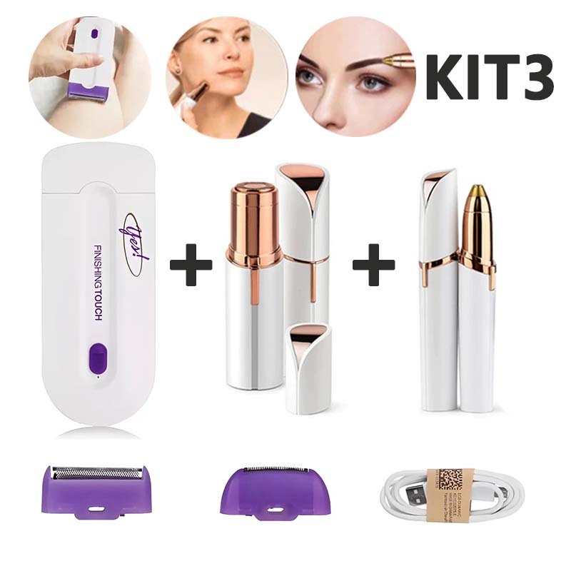 Kit 3 em 1 Depilador Elétrico Portátil – Corpo, Rosto, Nariz e Sobrancelha, Recarregável via USB