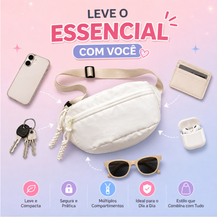 Bolsa Pochete Feminina Transversal 32cm com 2 Zíperes Alça Ajustável Compacta Moderna para Viagem Passeio Dia a Dia