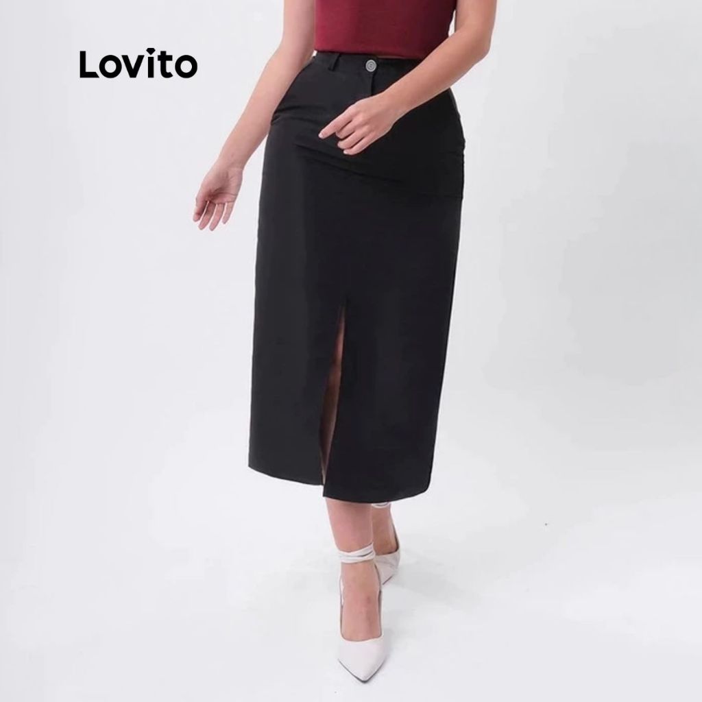 Lovito Saia Feminina Midi Reta Fenda Frontal Moda BRSKB413BRL442