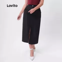 Lovito Saia Feminina Midi Reta Fenda Frontal Moda BRSKB413BRL442