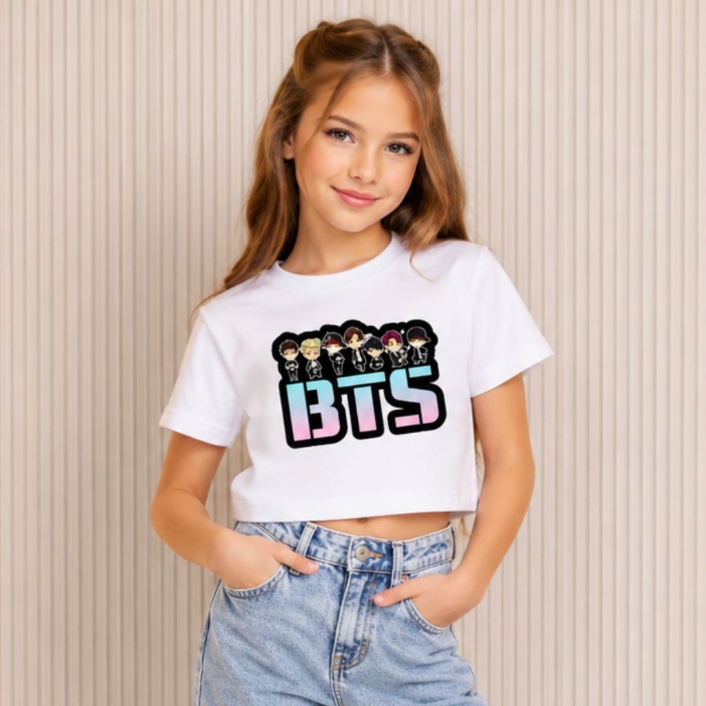 Camiseta Infantil BTS Cropped Feminino Juvenil K-Pop Roupa Fashion Turnê Banda Coreana Algodão