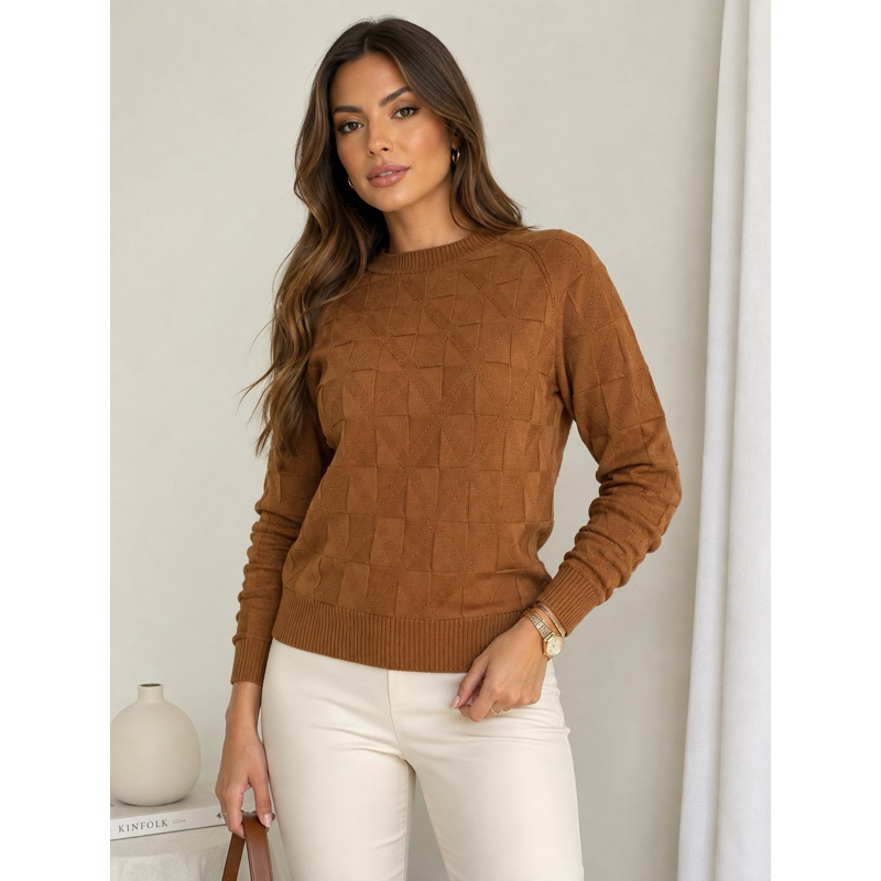 Blusa suéter manga longa estampa quadriculados tendência punho canelado gola redonda trabalho leve moda inverno feminino