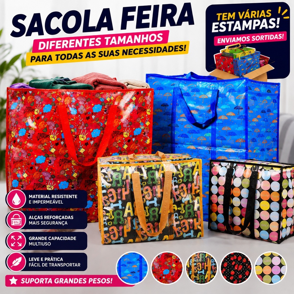Sacola de Feira Grande Zíper Impermeável Sacoleira Zíper Resistente Compras Viagens Estampa Sortida