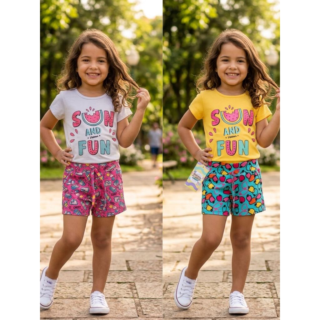 Kit 4 Peças de Roupa Infantil Menina Verão Feminino conjunto infantil short e blusa - moda infantil Feminina look casual