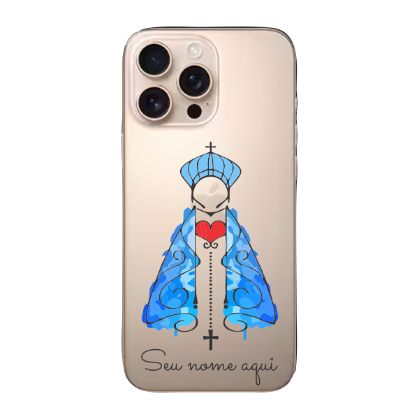 Capinha para iPhone 16 Pro Max Anti Impacto Personalizada - Nossa senhora azul fundo transparente e nome