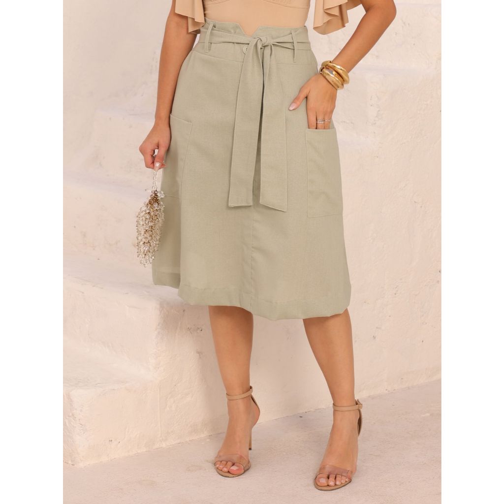 Saia Midi de Linho com Bolsos Amplos e Design Evasê