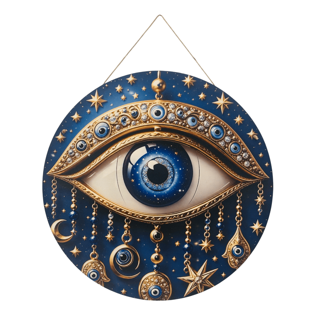 Imagem Mandala Decorativa 58cm Olho Grego Celestial Místico Azul e Dourado | Proteção e Boas Energias