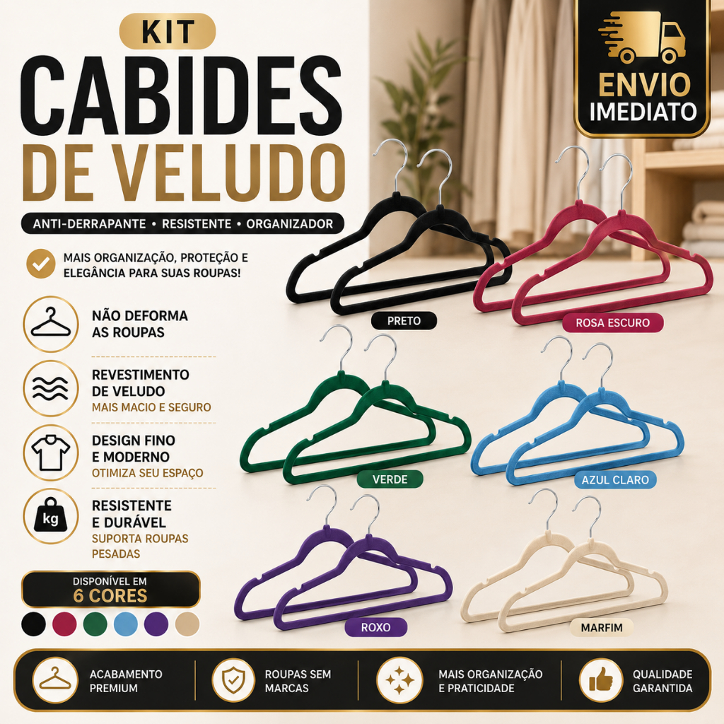 Kit 6 Cabides Veludo Para Roupas Anti-derrapante Adulto Unidades Resistente Organizador
