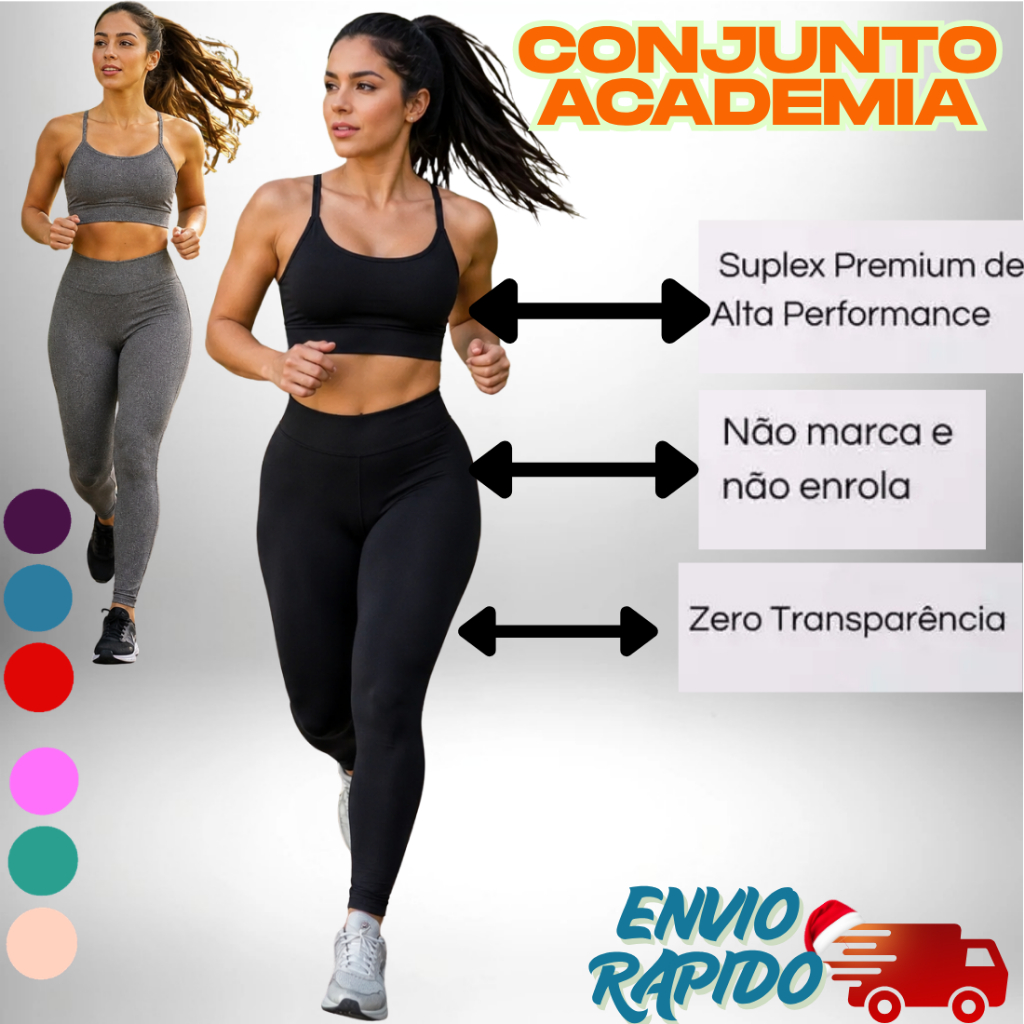 Conjunto Feminino Academia Calça Legging + Top Alta Compressão Zero Transparência