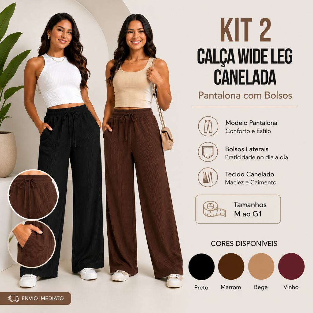 Kit 2 Calças Pantalona Feminina Wide Leg Bolsos Frontais Malha Canelada Premium Conforto