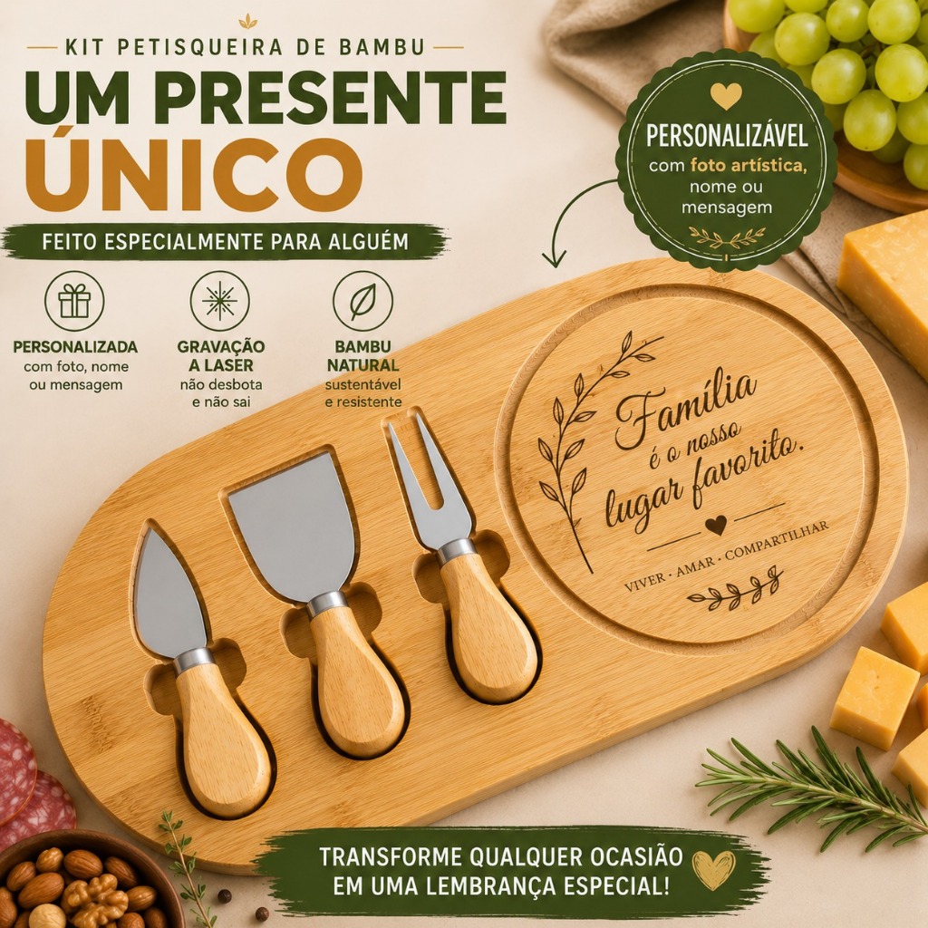 Tábua de Frios Personalizada em Bambu + 3 Utensílios | Foto, Nome e Frase Gravados a Laser | Presente Personalizado