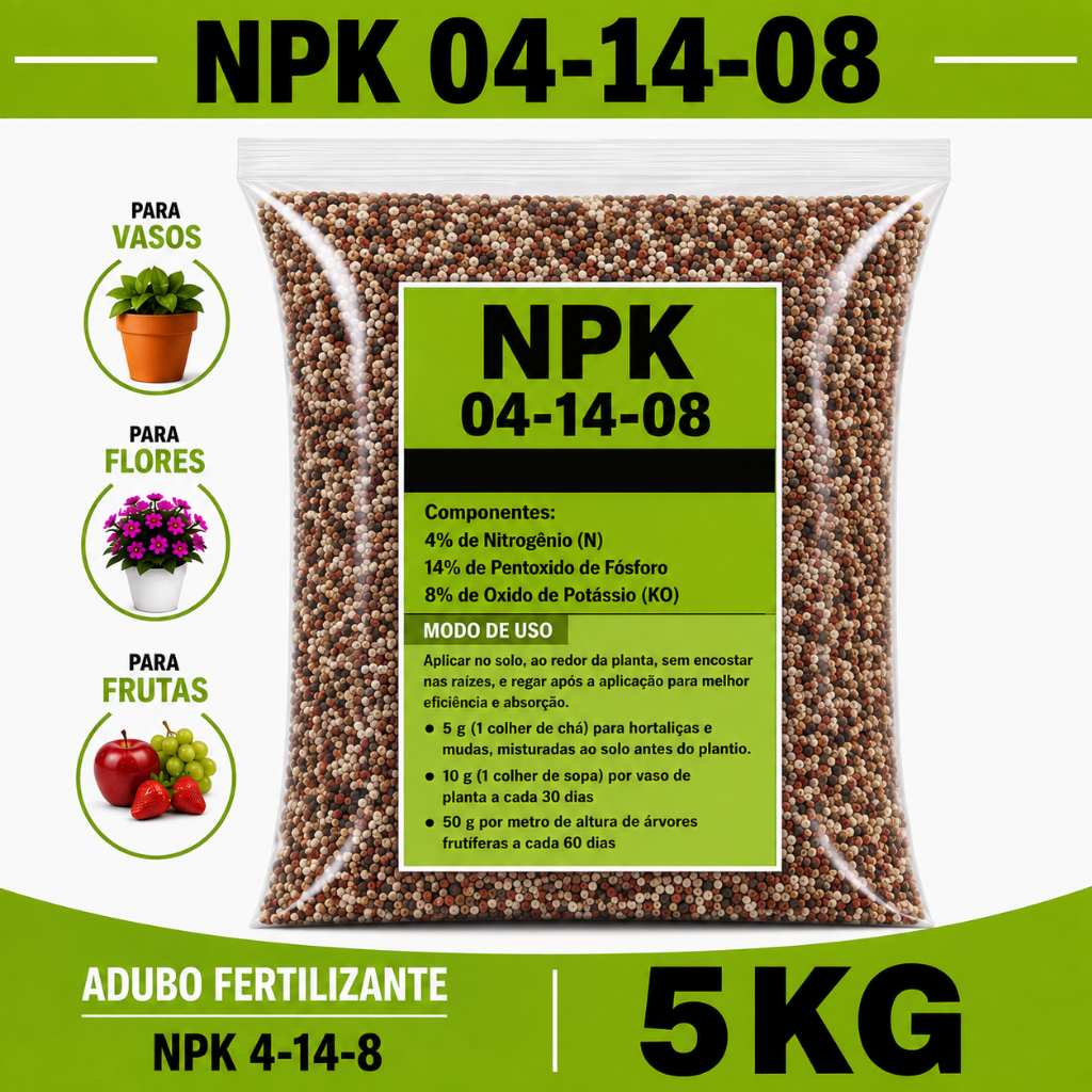 Adubo Fertilizante - NPK 04-14-08 - Mais Flores, Frutos, Plantas Saudáveis, Para Horta, Jardim, Vasos e Gramado