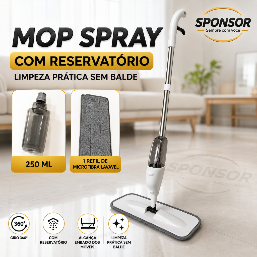 Mop Spray com Reservatório e Refil de Microfibra lavável – Limpeza Prática Para Pisos, Paredes E Teto